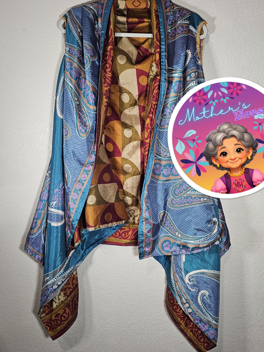Silk Teal Paisley Draped Vest with Multicolor Reversible Lining